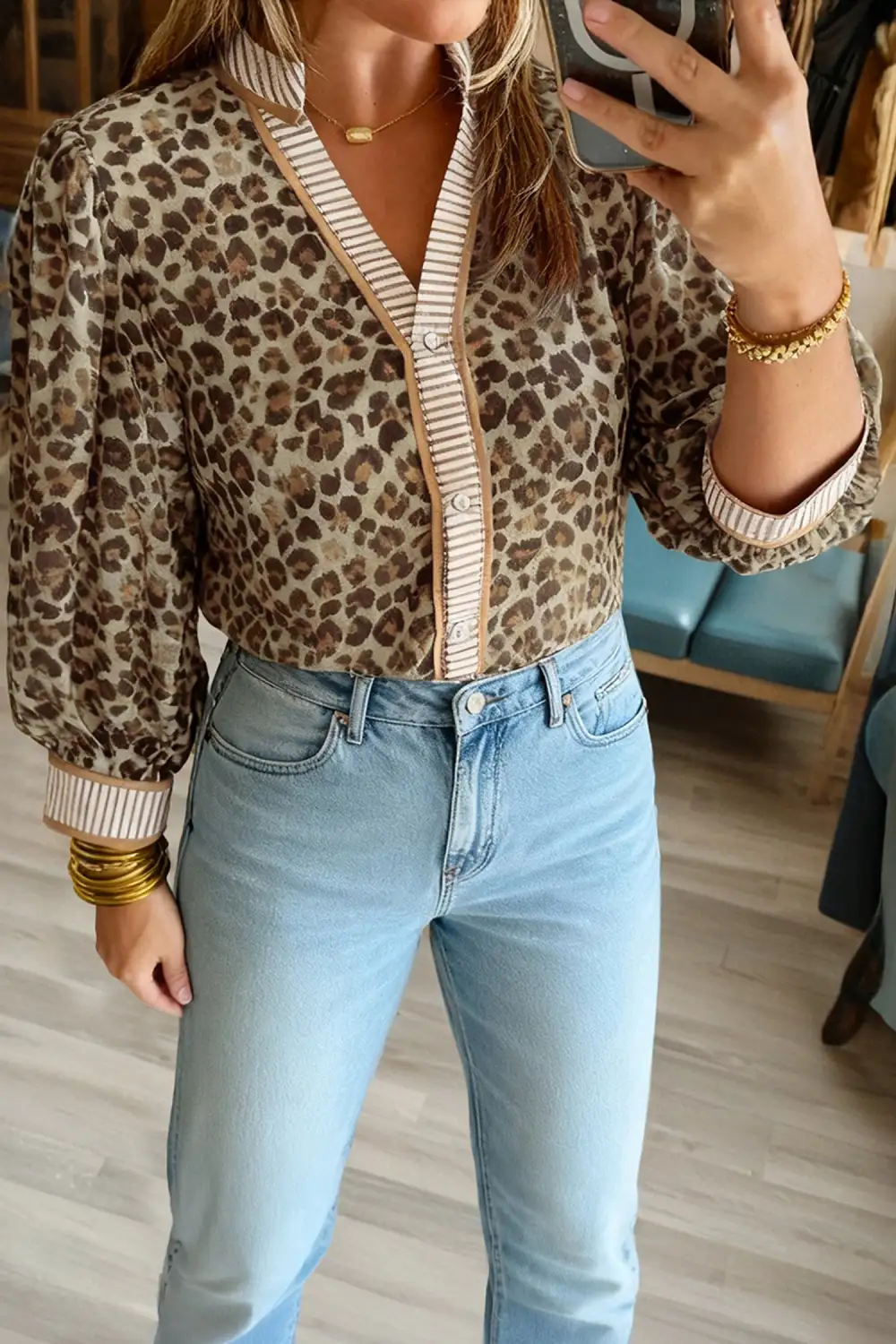 Relaxed V Neck Striped Casual Shirt