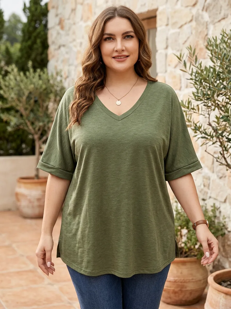 Women's Plus Size Olive Green Solid Color Casual V-Neck T-Shirt