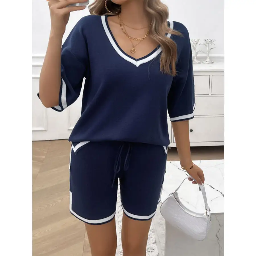 Contrast Trim V Neck Top and Shorts Set