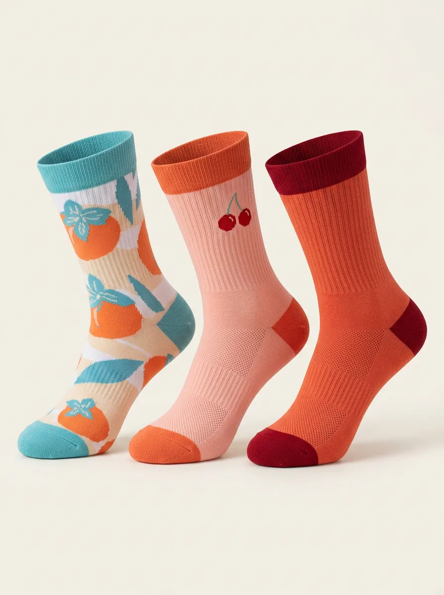 Casual Athletic Fruit Pattern 3-Pair Mid-Calf Athletic Socks
