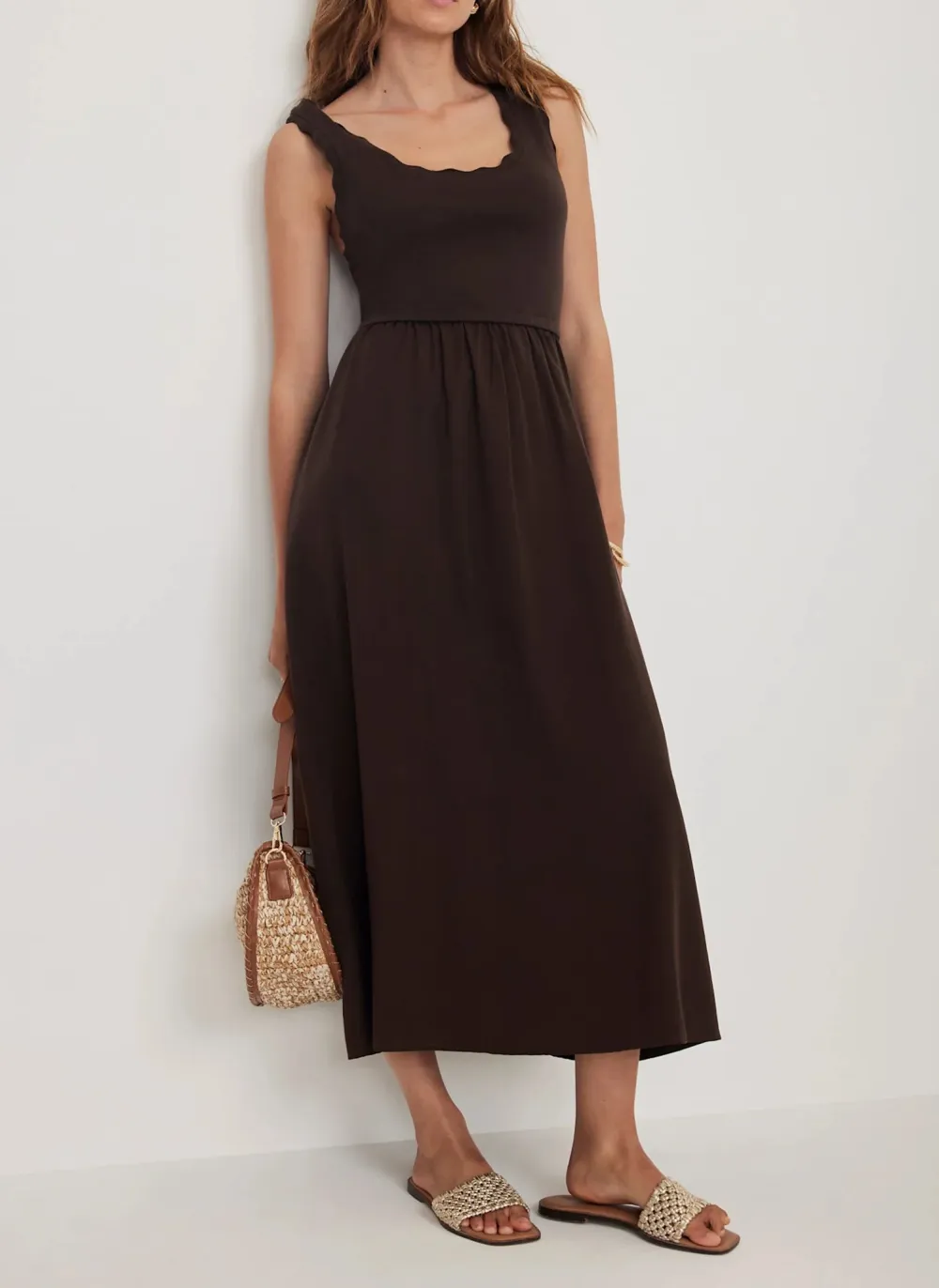 Casual Style Sleeveless Scallop Midi Dress