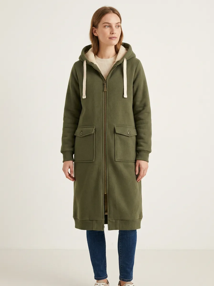 Contemporary Fleece-Lined Long Hooded Coat