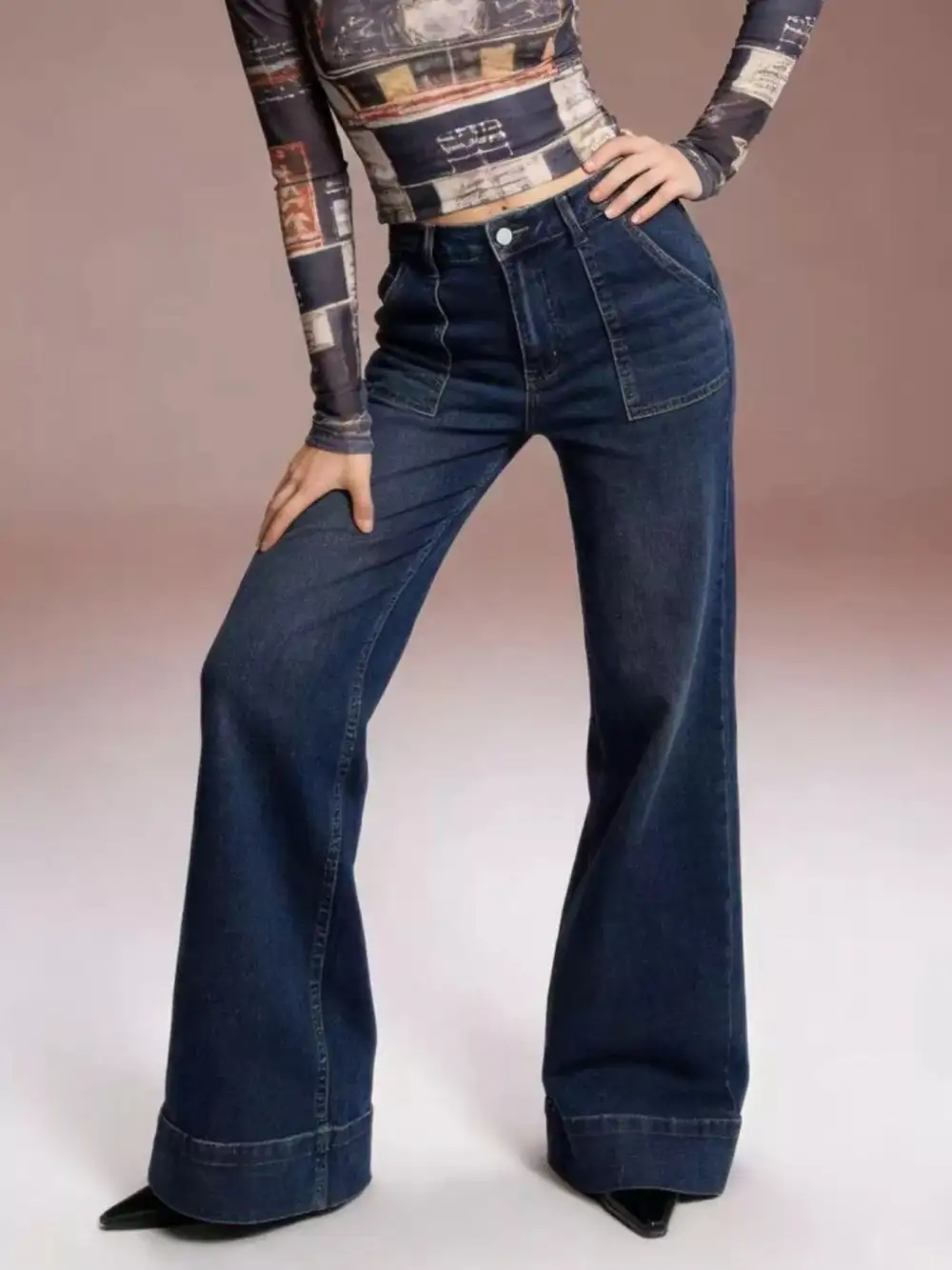 Pocketed High Waist Flare Leg Denim Jeans