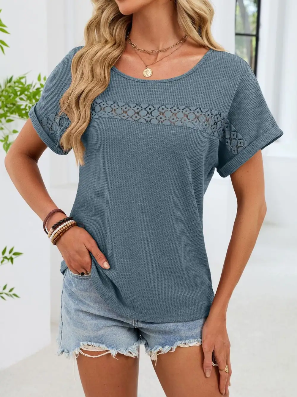 Easygoing Short-Sleeve Lace-Detail T-Shirt