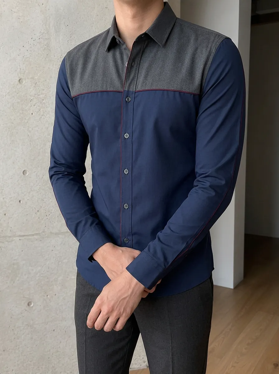 Men's Slim Fit Colorblock Contrast Panel Long Sleeve Shirt