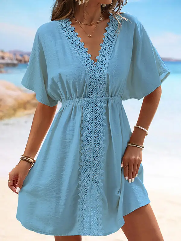 Batwing Sleeve Relaxed Elasticity See Through Split Joint V Neck Mini