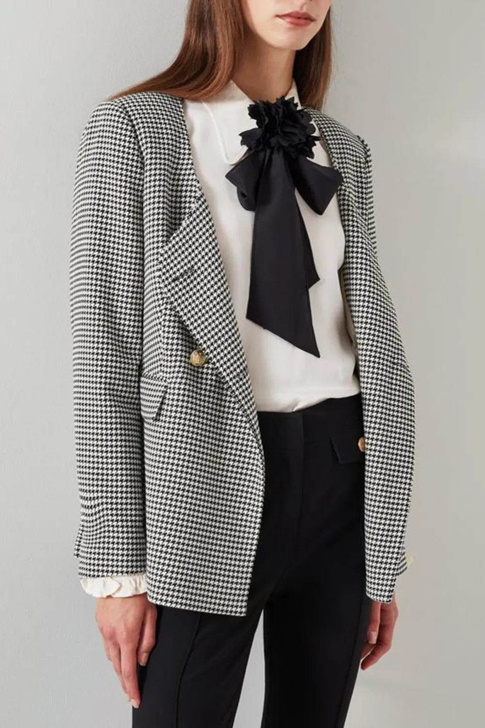 Black Cream Checkered Bow Detail Short Coat