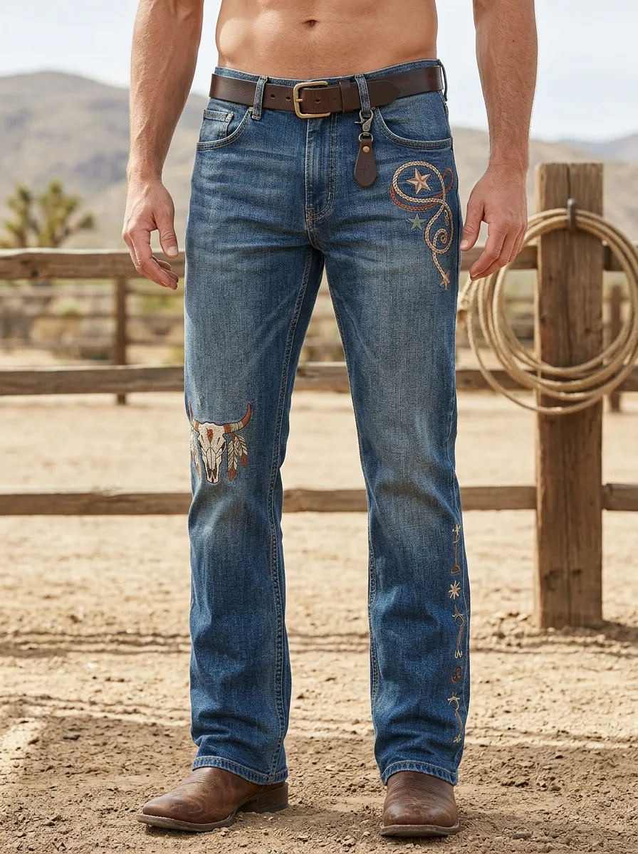 Men's Western Cowboy Lasso Star Skull Jeans