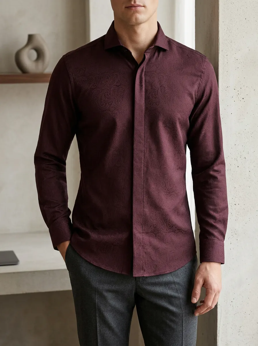 Men's Burgundy Paisley Pattern Slim Fit Printed Shirt