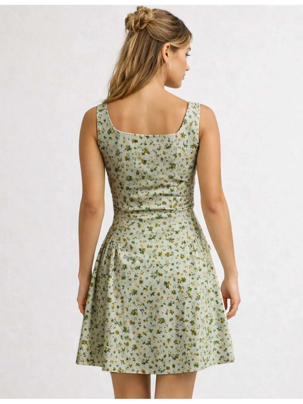 Romantic Square Neck Button Wide Strap Mini Dress
