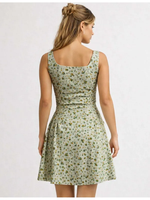 Romantic Square Neck Button Wide Strap Mini Dress