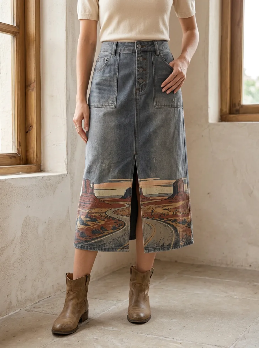 Women's Desert Landscape Print Denim Midi Skirt