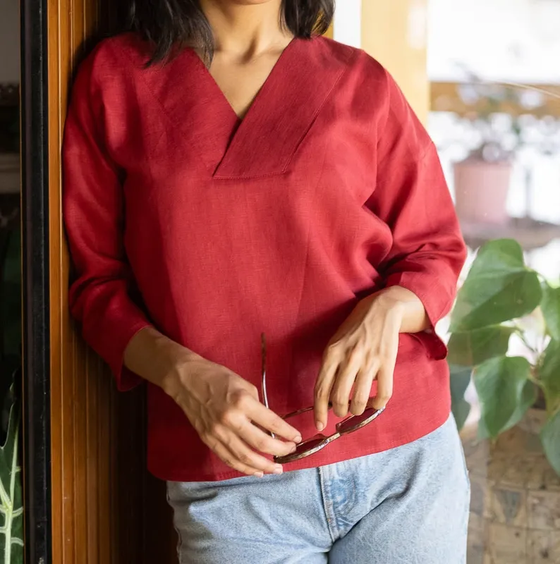 Rust Red Linen V-Neck Top