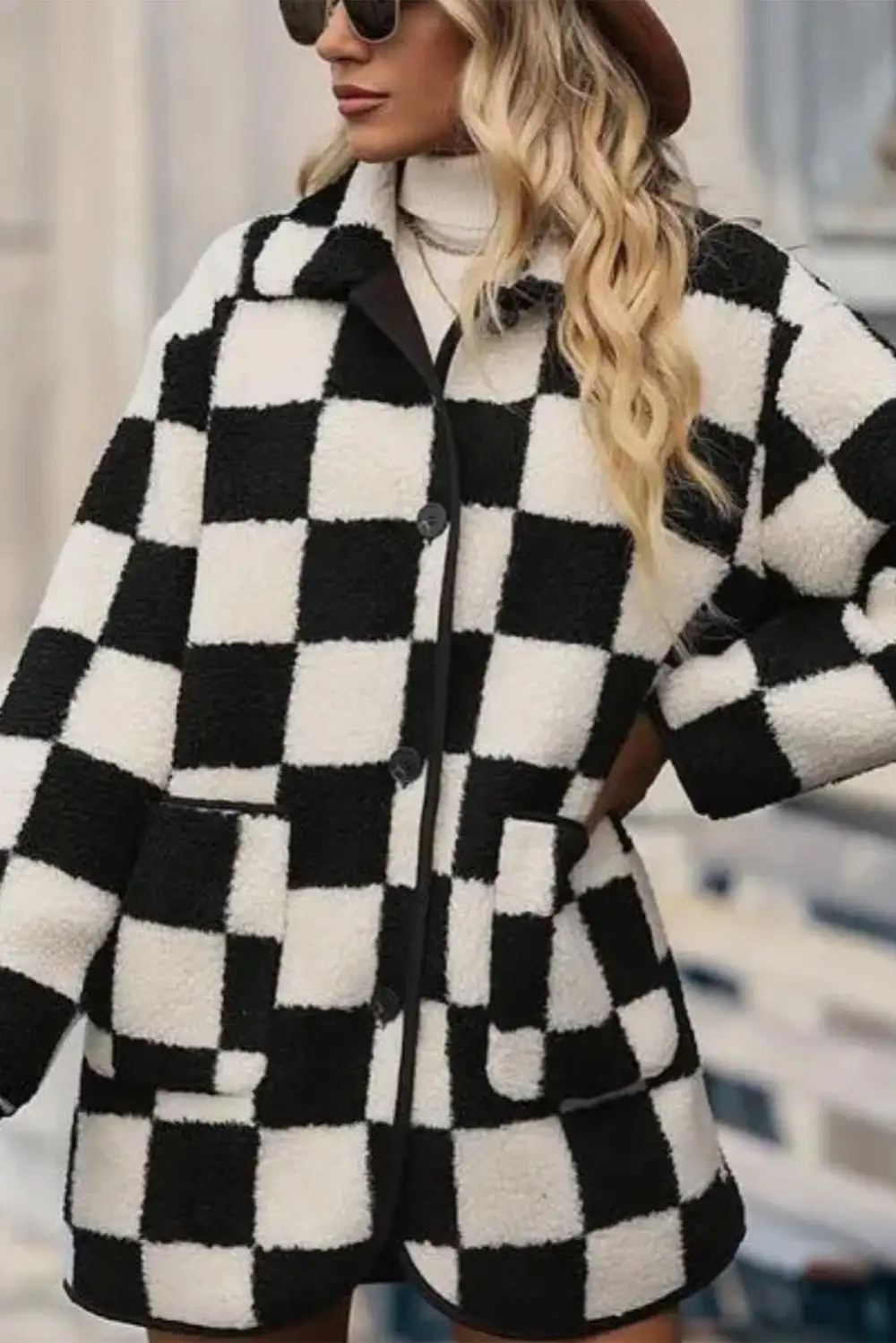 Checkered Side Pockets Collared Button Fleece Jacket