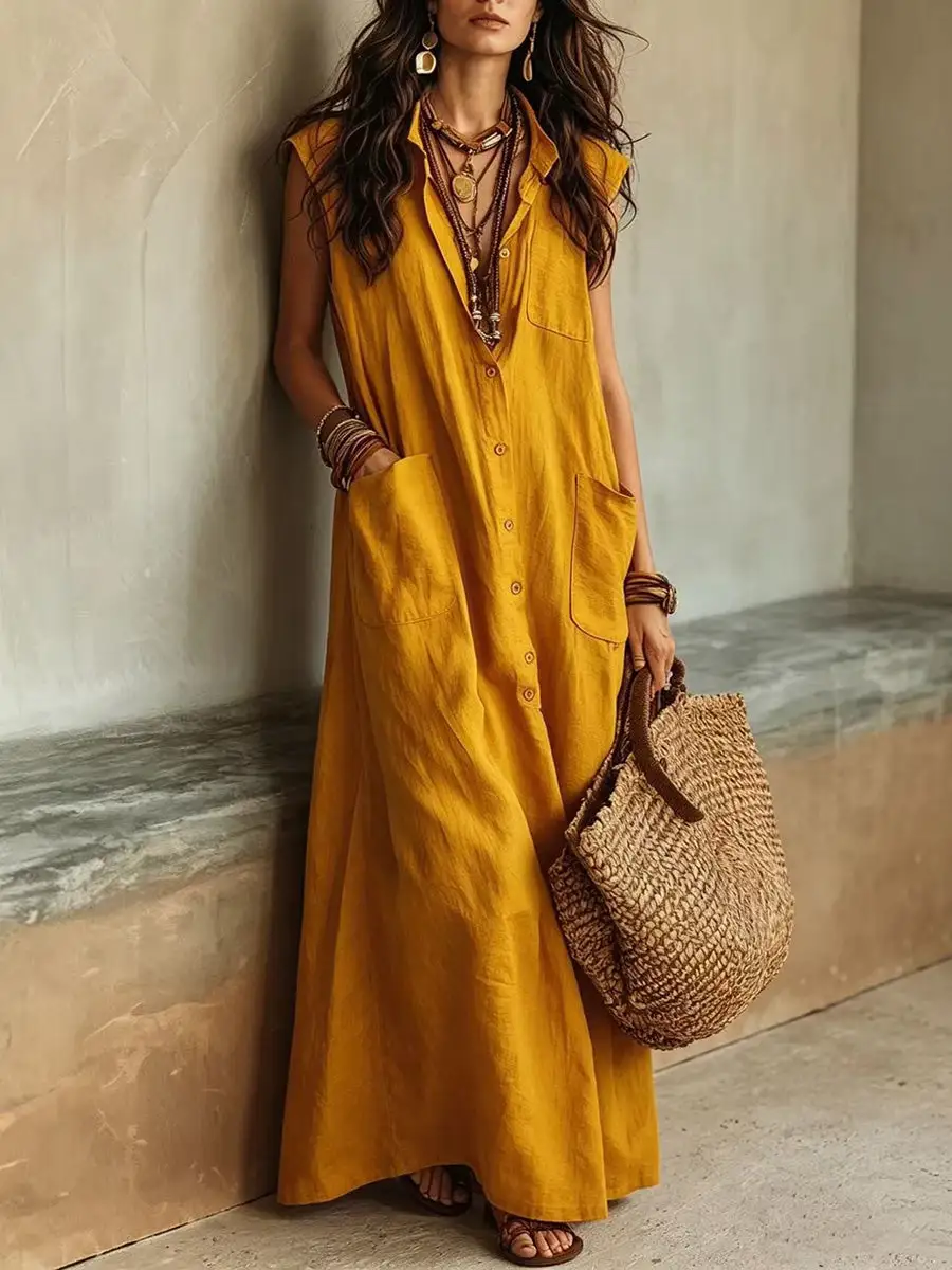Loose Buttoned Sleeveless Maxi Dress