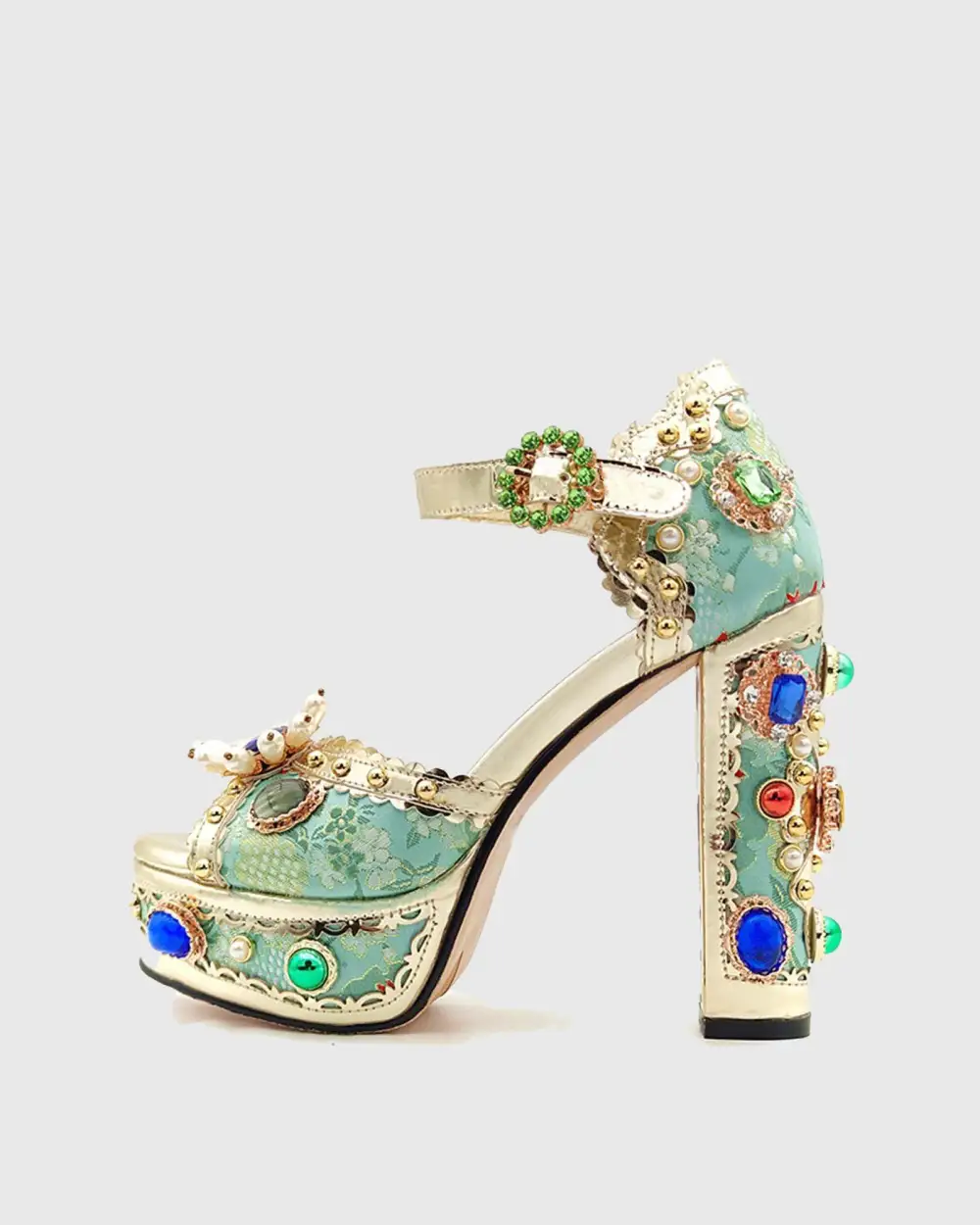 Rhinestone Vintage Embroidery Platform Sandals in Green