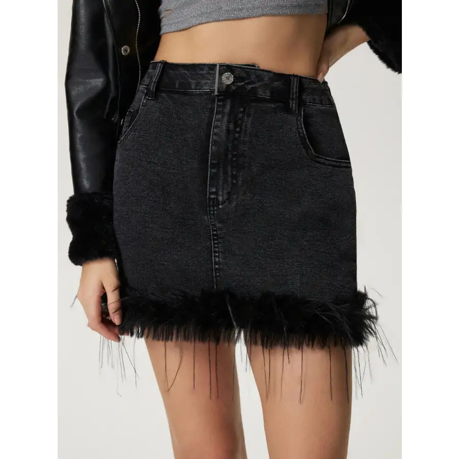 Plush Hem Mini Denim Skirt