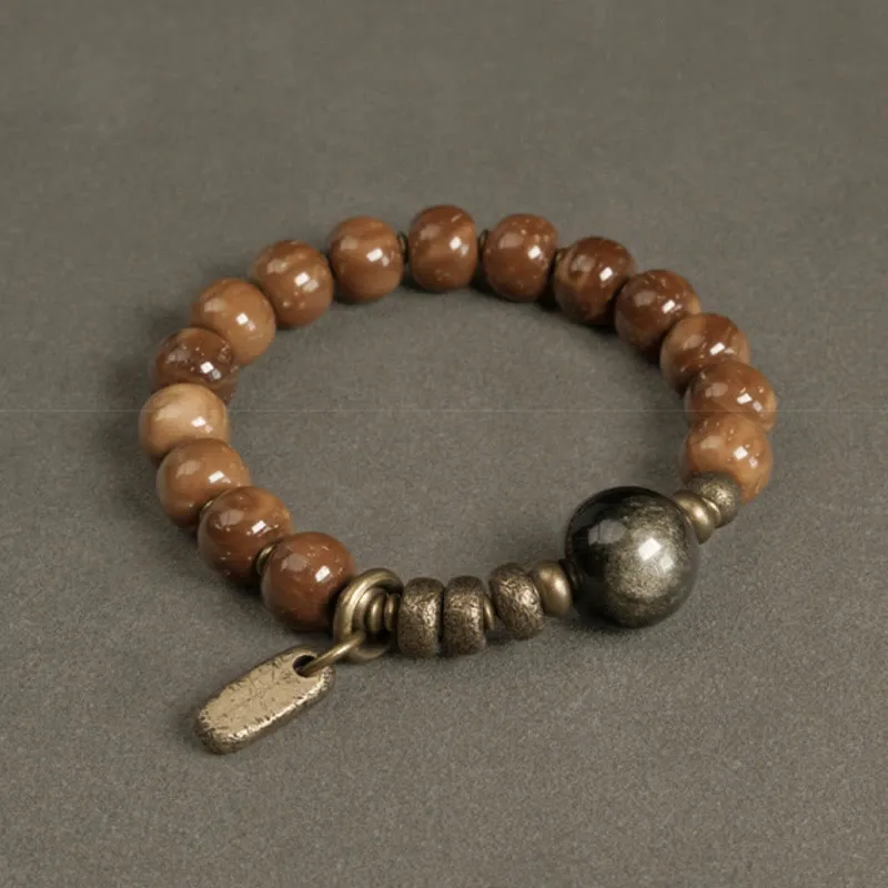 Kuka Seed Tiger Eye Obsidian Brass Copper Bracelet