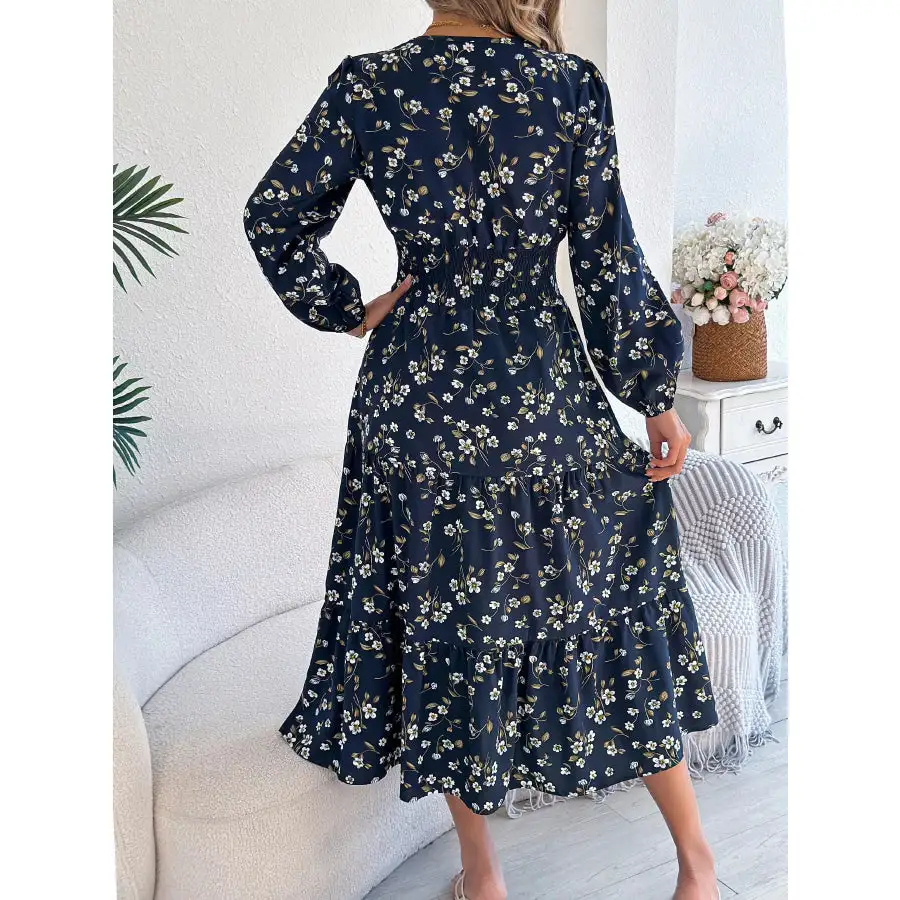 Floral Print Long Sleeve V Neck Midi Dress