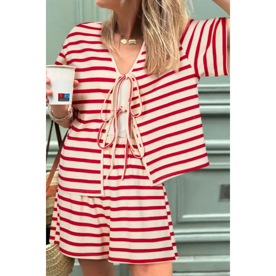 Tied Striped V Neck Top and Shorts Set