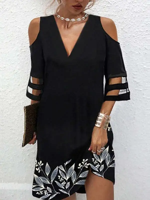 Half Sleeve Relaxed Hollow Leaves Print Mesh Split Joint Cold Shoulder