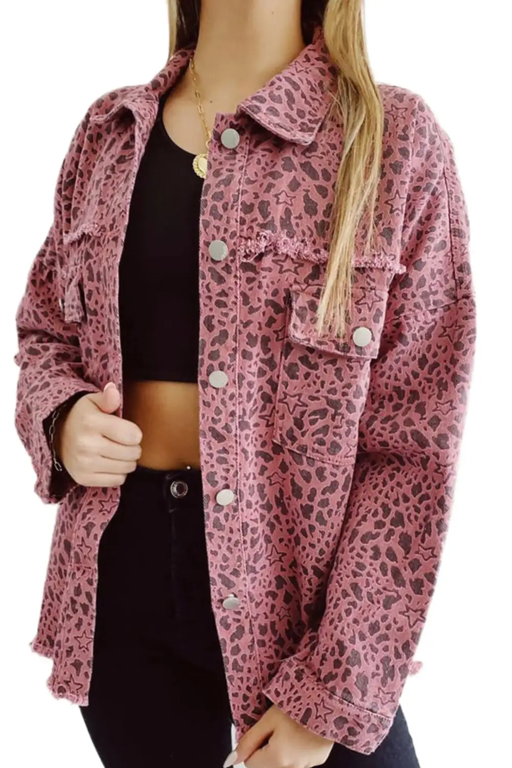 Stars And Animal Spots Print Button-Up Denim Shirt Jacket