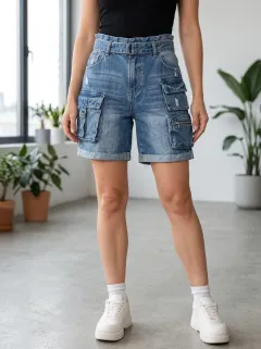 Women's Casual Streetwear Distressed Cargo Pocket Denim Shorts