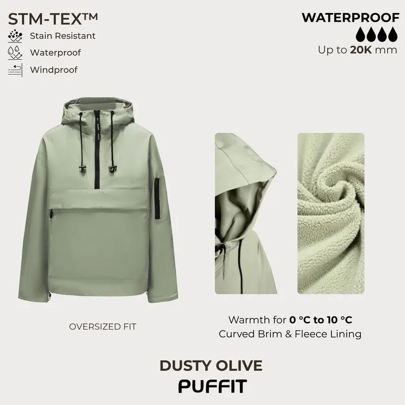 STM-TEX Waterproof Oversized Fall Hoodie Coat – Warm Half Zip Rain Jacket with Adjustable Waist, Hood & Cuffs