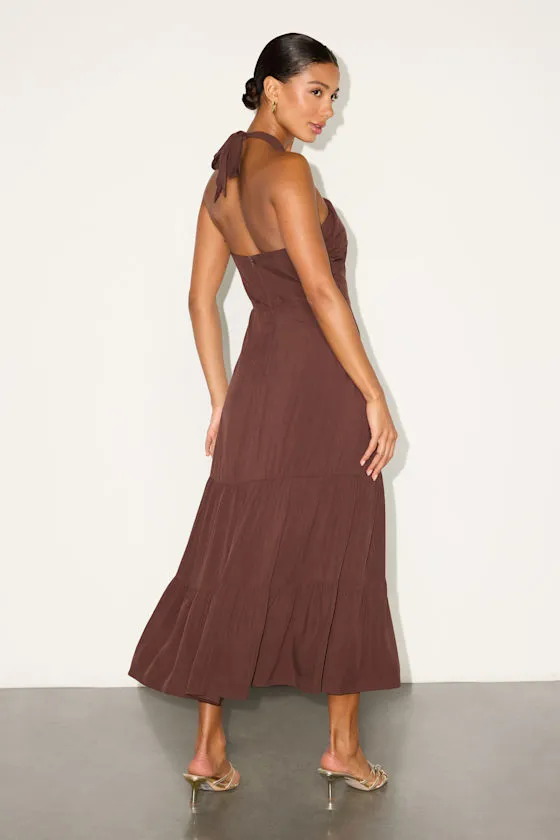 Always Eye-Catching Brown Tiered Halter Midi Dress