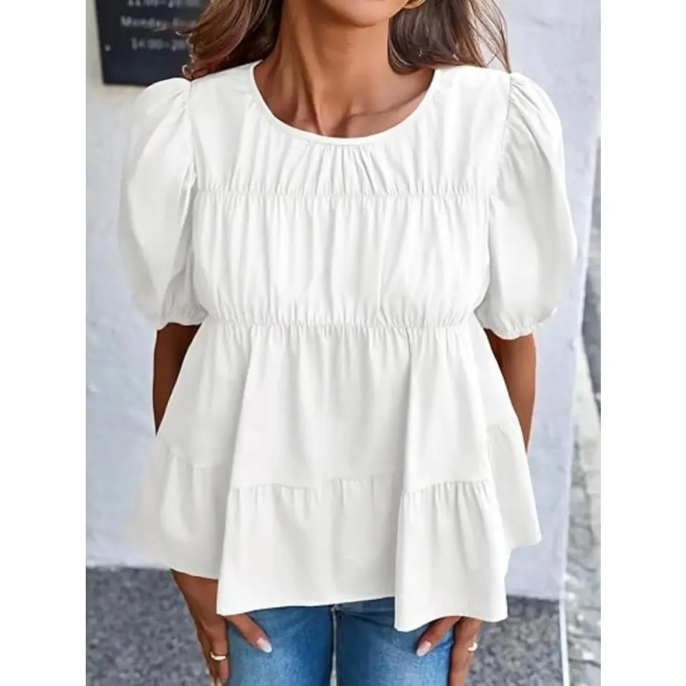 Womens Puff Sleeve Peplum Babydoll Tops