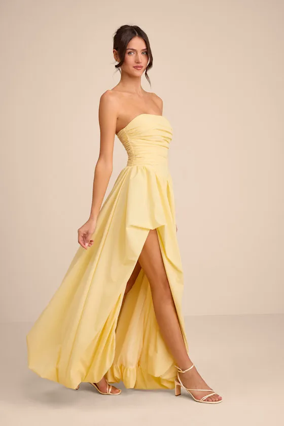 Marilou Light Yellow Strapless Ruched Lace-Up Maxi Dress