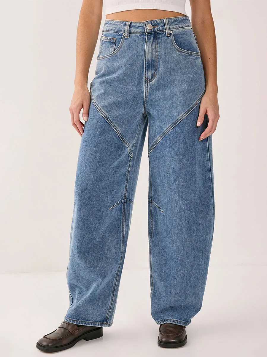Women's Vintage-Style Paneled Wide-Leg Denim Pants