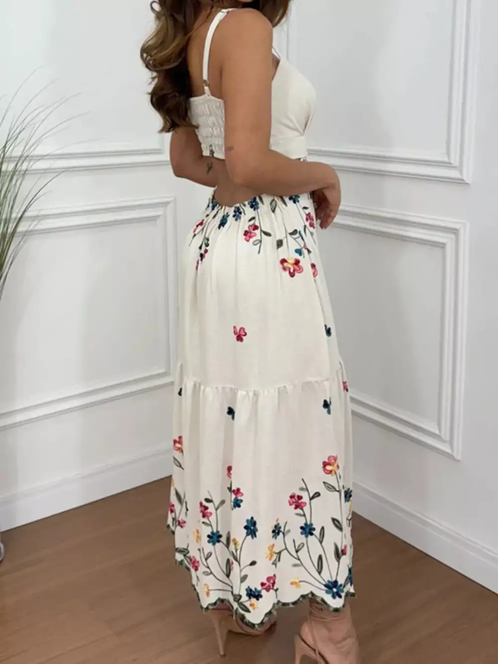 Print Cutout Back Slit Hem Midi Dress