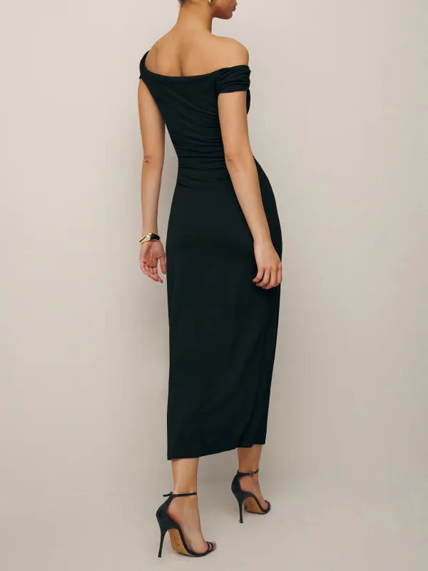 Asymmetric Neck Knit Midi Dress