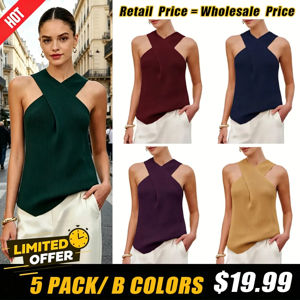Tanming Women's Halter Cross Over Collar Tank Knit Sleeveless Camisole Top