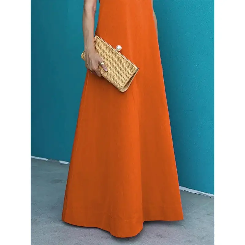 Tailored Cotton Blend High Neck Loose Maxi Dress