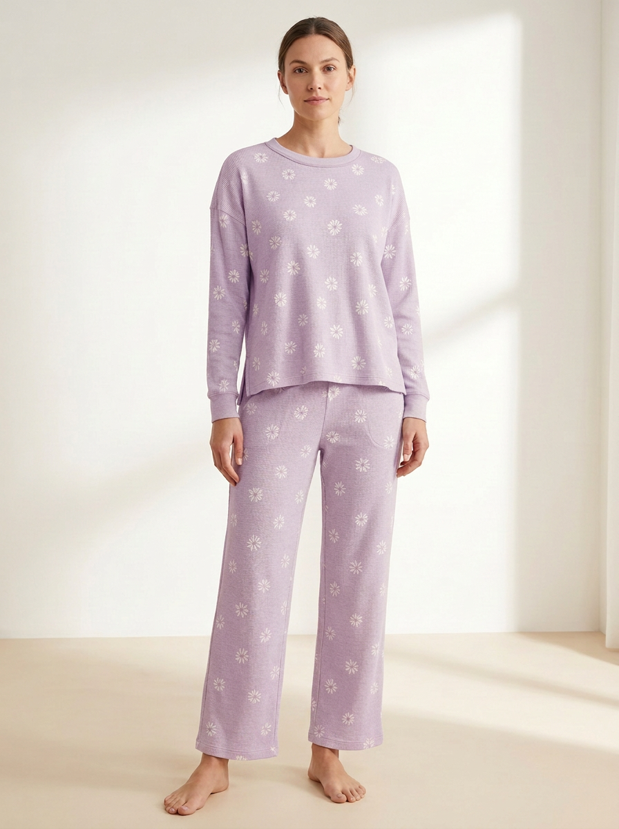 Women's Floral Waffle-Texture Side-Slit Lounge Set