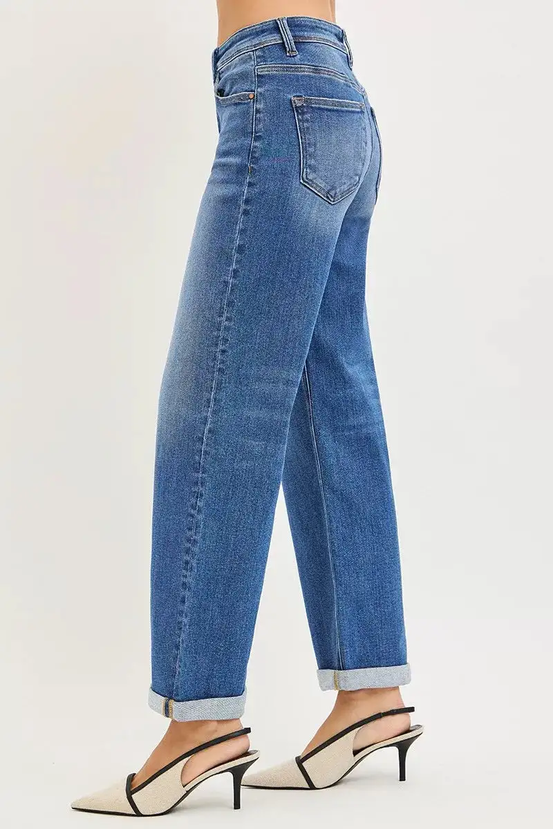 High-Rise Relaxed Washed Pocketed Straight Leg Jeans
