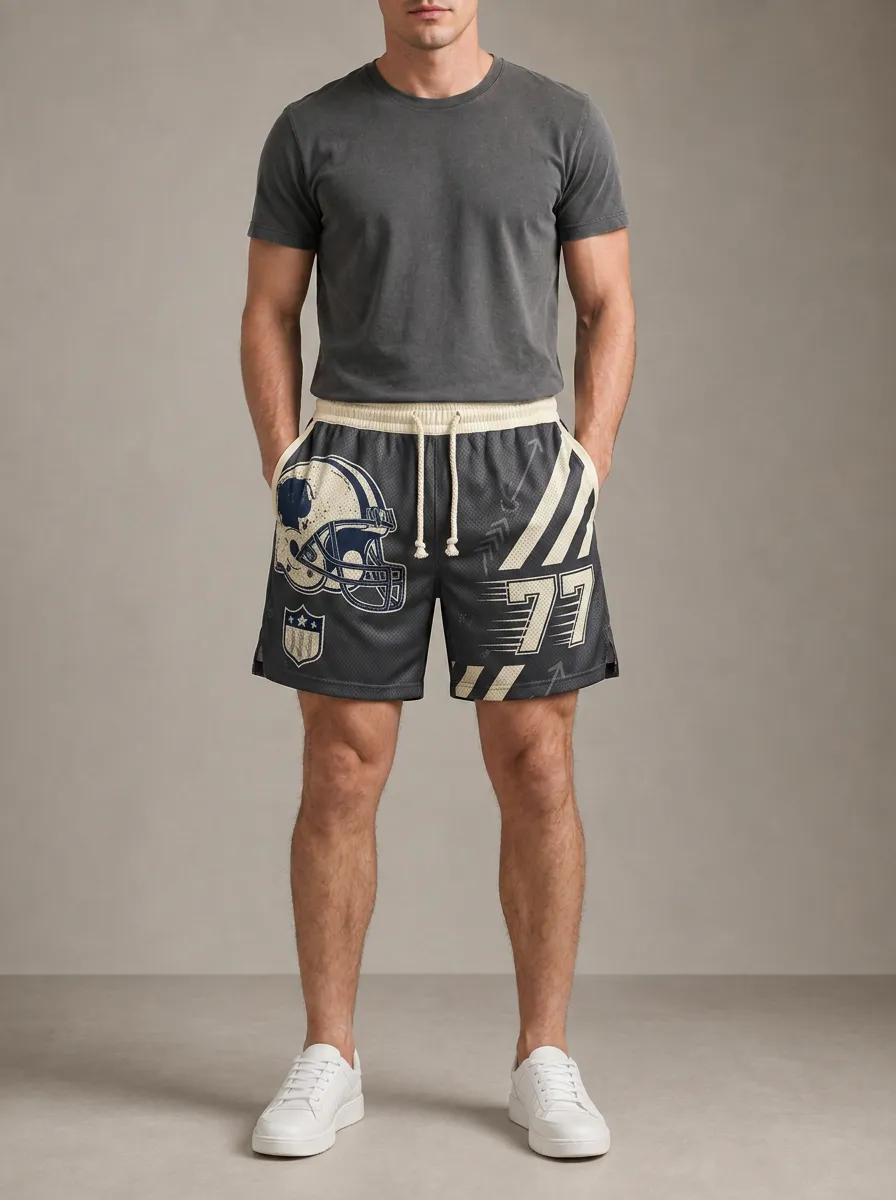 Men's American Football Fan Helmet Number 77 Printed Mesh Shorts