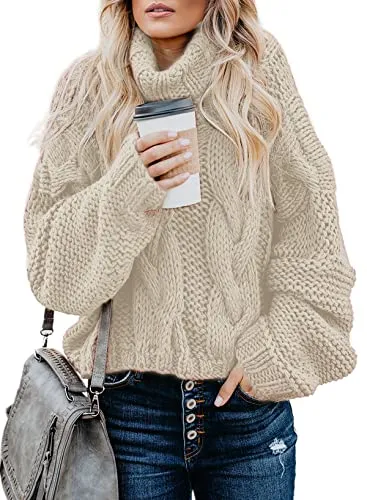 Women's 2025 Turtleneck Balloon Long Sleeve Casual Loose Chunky Cable Knit Pullover Sweater Outerwear