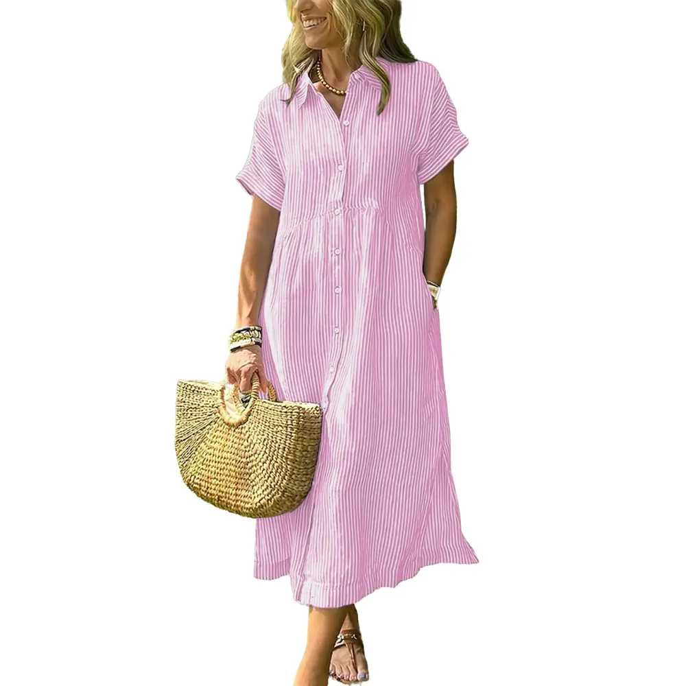 Women‘s Boho Striped Shirt Dress Button Down Loose Midi Dress with Pockets and Side Slit