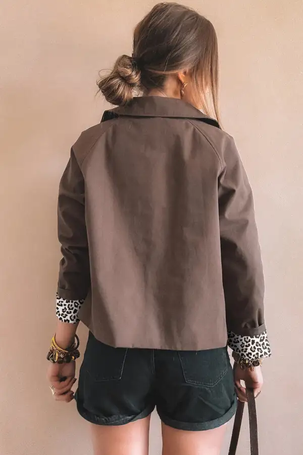 Collared Button Leopard Liner Patchwork Chic Jacket