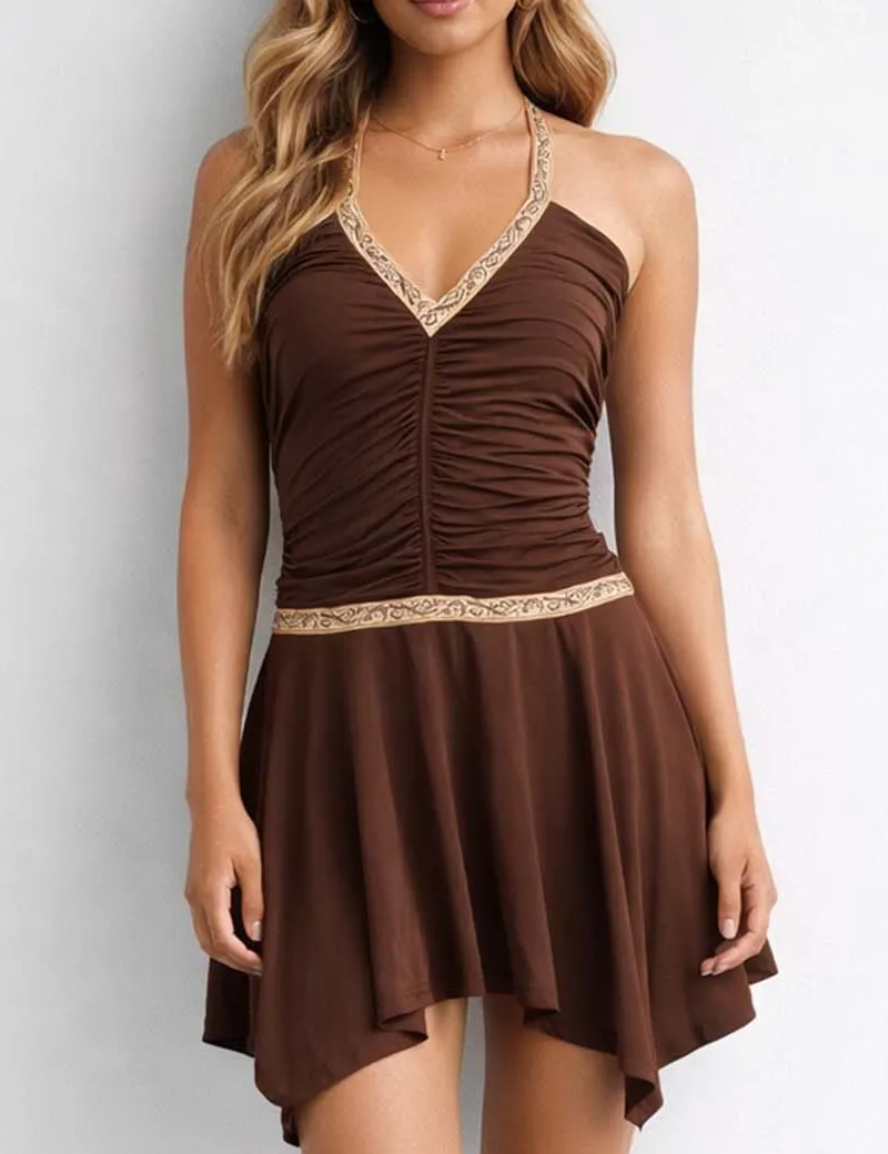 Halter Neck Ruched Contrast Trim Irregular Mini Dress