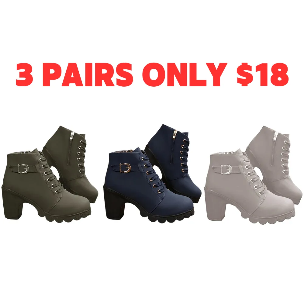 Women's Lace-Up Chunky Heel Short Boots, Metal Buckle Accent, Fashionable & Versatile