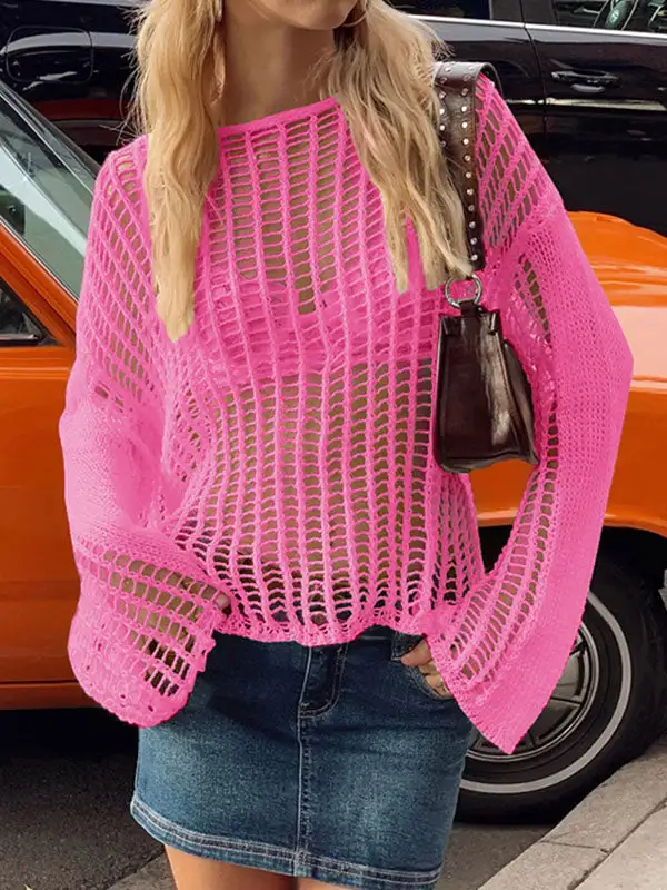 Openwork Sheer Detail Cover Up Round Neck Long Sleeve Pullover Sweater