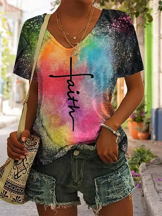 Women's Faith Tie Dye Print V-Neck T-Shirt