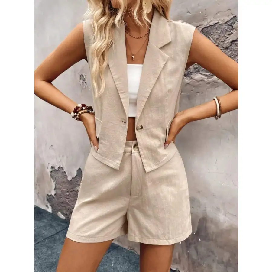 One Button Sleeveless Top and Shorts Set