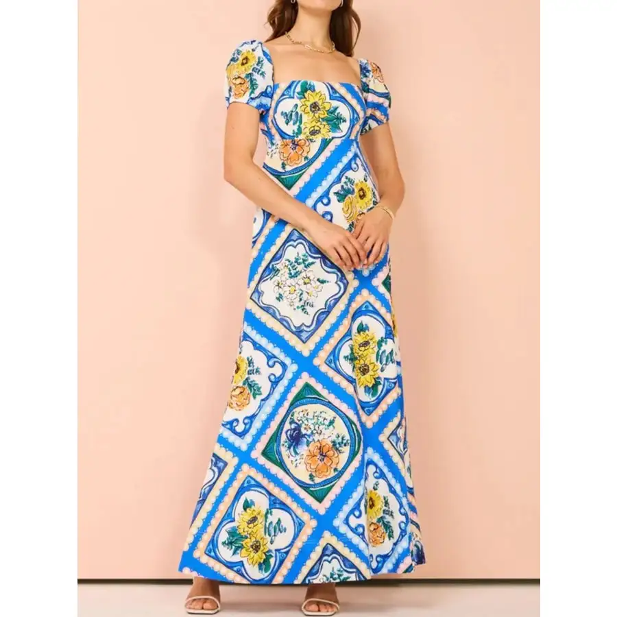 Printed Square Neck Puff Sleeve Maxi Dress