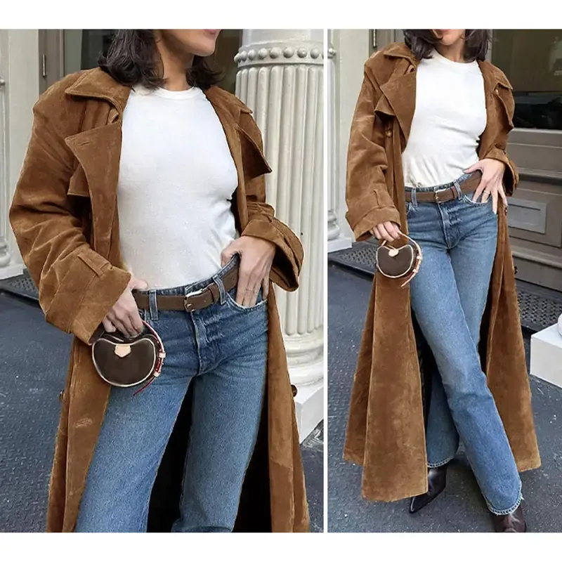 Women's Autumn And Winter Faux Suede Long Trench Coat Notched Lapel Double-Breasted Long Coat With Belt Casual Longline Outerwear Womenswear Jackets
