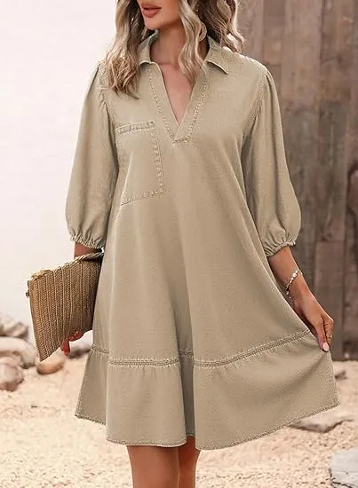 Women Fashion Fall Casual Babydoll 2025 V Neck 3/4 Puff Sleeve Jean Dresses